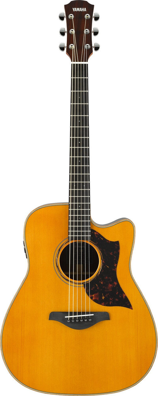 Yamaha A3R ARE dreadnought cutaway in Vintage Natural, back view showing the solid rosewood back and three-ply neck