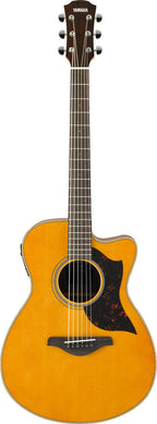 Yamaha AC1M concert cutaway in Vintage Natural, back view showing the mahogany back and three-ply neck