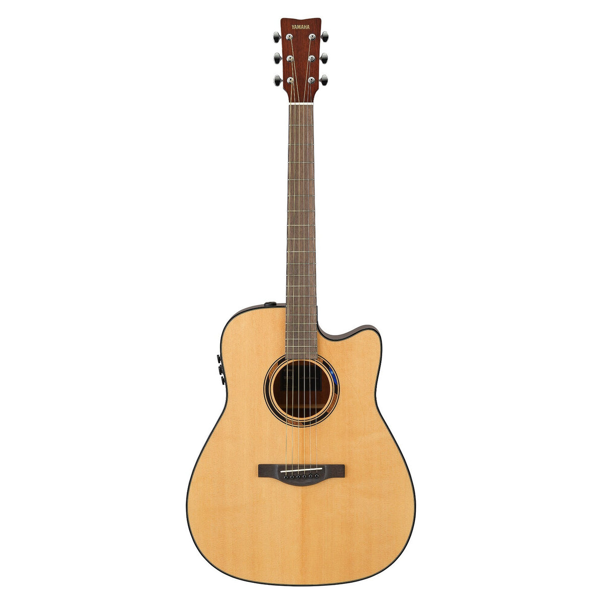Yamaha TAG1 Element Gen2 TransAcoustic Dreadnought in Natural Gloss, back view of the mahogany body and neck