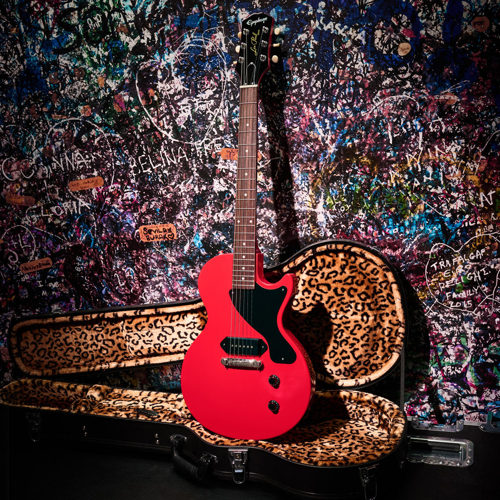 Billie Joe Armstrong Les Paul Junior with its leopard-lined hardshell case