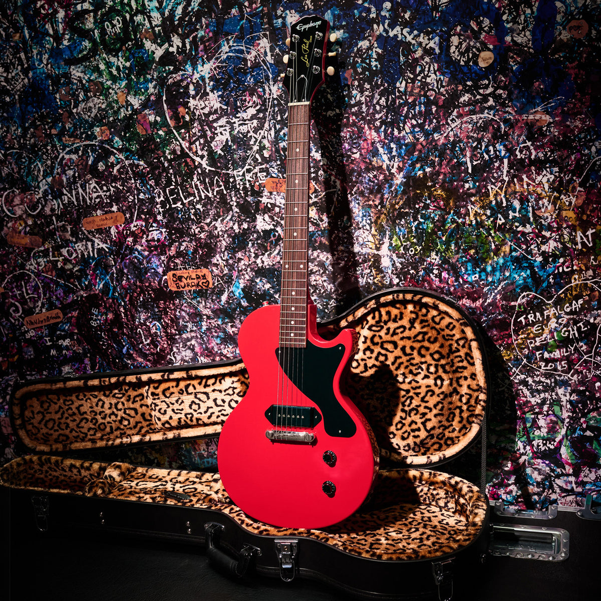 Billie Joe Armstrong Les Paul Junior with its leopard-lined hardshell case