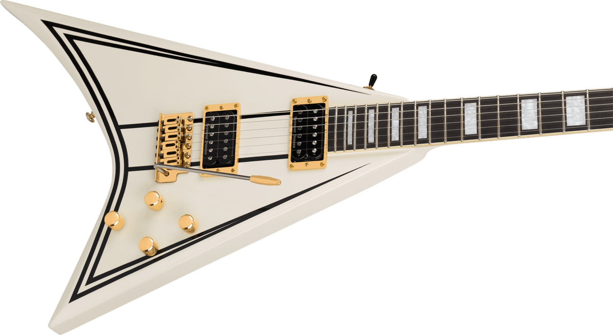 Angled view of the Randy Rhoads CD1 with double black pinstripes, three-way toggle and pearloid block inlays