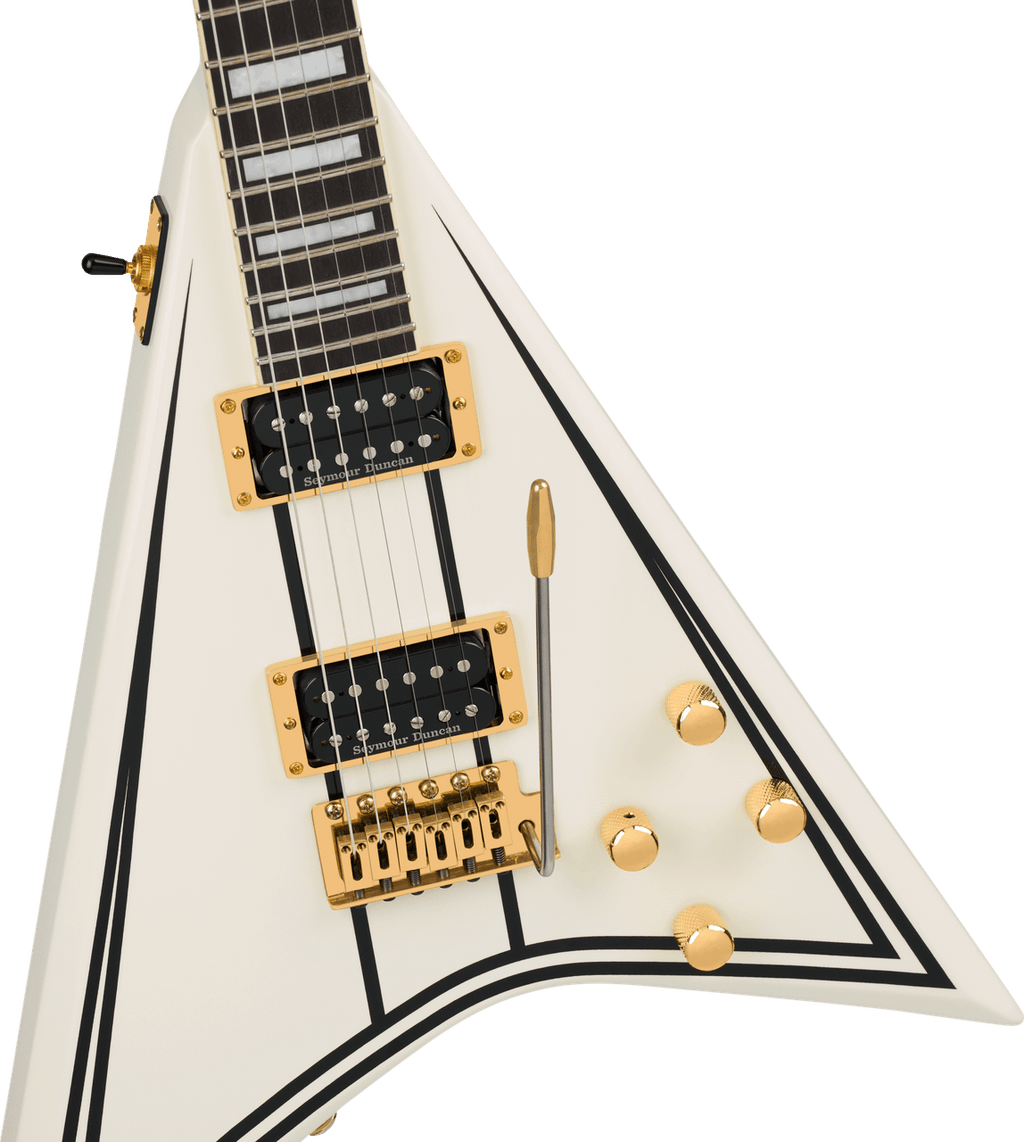 Close-up of the Randy Rhoads CD1 body: Seymour Duncan '59 and JB humbuckers in gold rings, four gold knobs and vintage-style tremolo