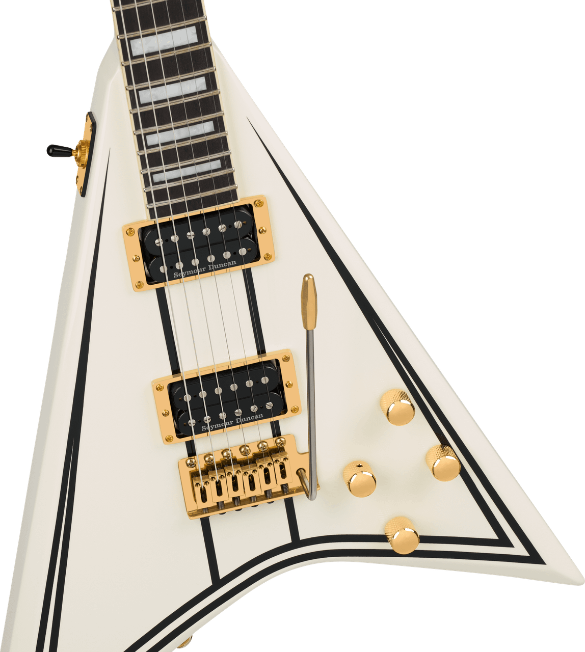 Close-up of the Randy Rhoads CD1 body: Seymour Duncan '59 and JB humbuckers in gold rings, four gold knobs and vintage-style tremolo