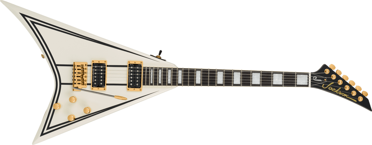 Jackson Randy Rhoads CD1 in Vintage White with black pinstripes, full front view with gold hardware