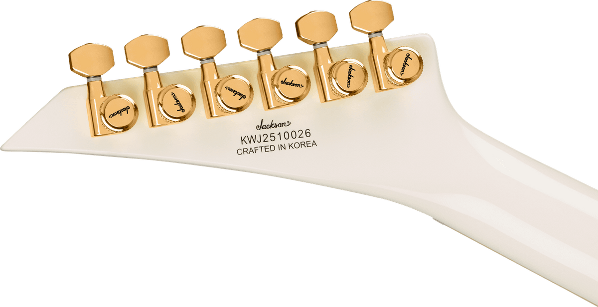 Back of the Randy Rhoads CD1 headstock with gold Jackson sealed locking tuners, Crafted in Korea