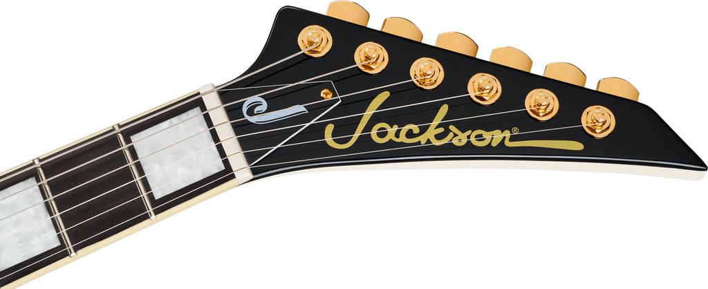 Black-faced Jackson pointed headstock with gold logo and gold tuners on the Randy Rhoads CD1