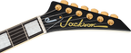 Black-faced Jackson pointed headstock with gold logo and gold tuners on the Randy Rhoads CD1