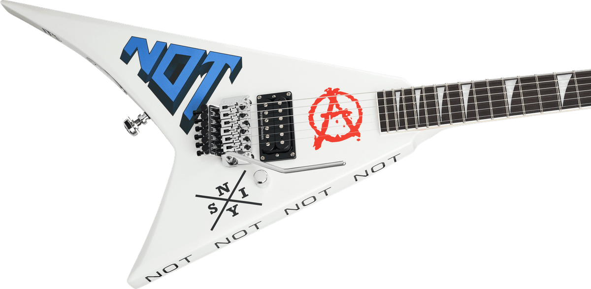 Angled view of the Scott Ian RR22 NOT body with the repeating NOT text along the wing edge and pearloid sharkfin inlays