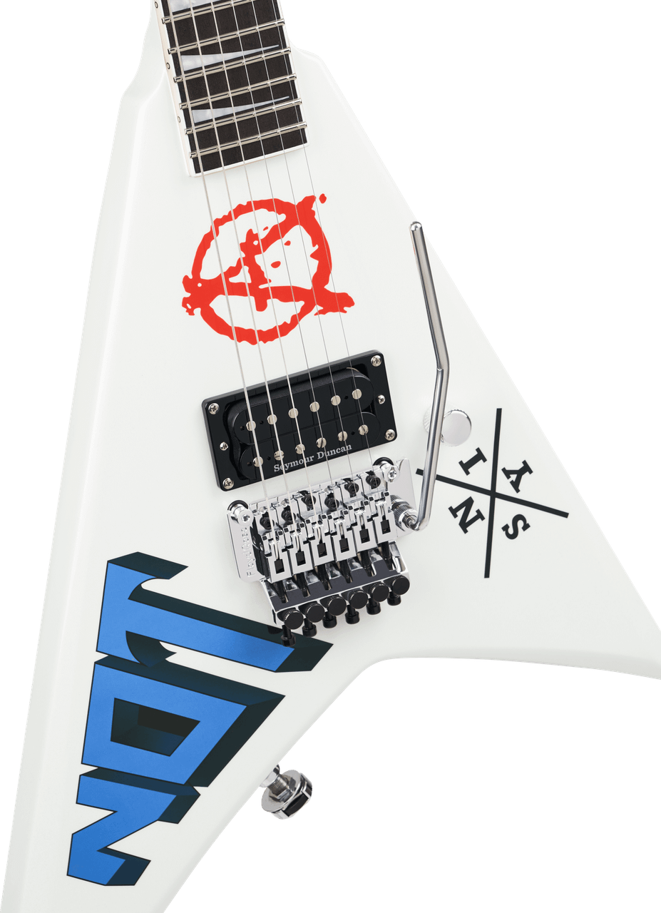 Close-up of the Scott Ian RR22 body: Seymour Duncan JB bridge humbucker, chrome Floyd Rose tremolo and single volume knob