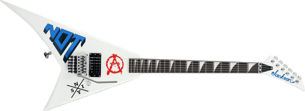 Jackson Scott Ian Signature Rhoads RR22 NOT in Pearl White, full front view with blue NOT graphic and red anarchy symbol
