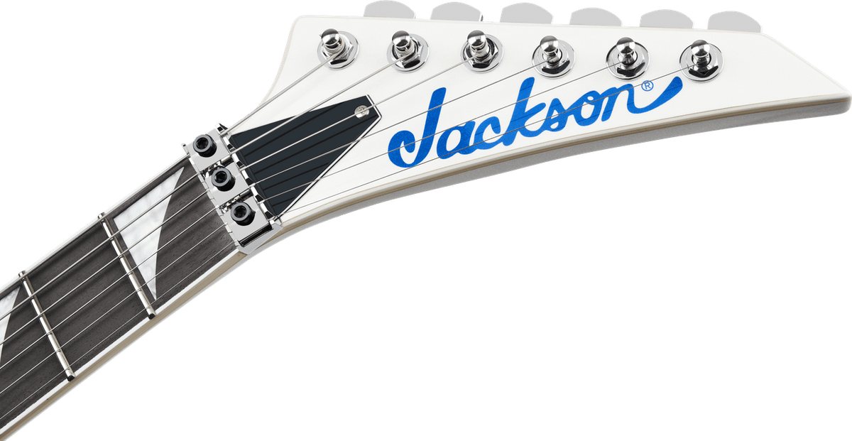 Pearl White pointed six-in-line headstock with blue Jackson logo and Floyd Rose R3 locking nut
