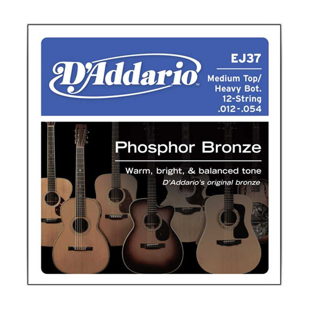 D'Addario, EJ37, 12-54, Phosphor, Bronze, Med, Top/Heavy, Bottom, 12-String, Acoustic, Guitar, Strings