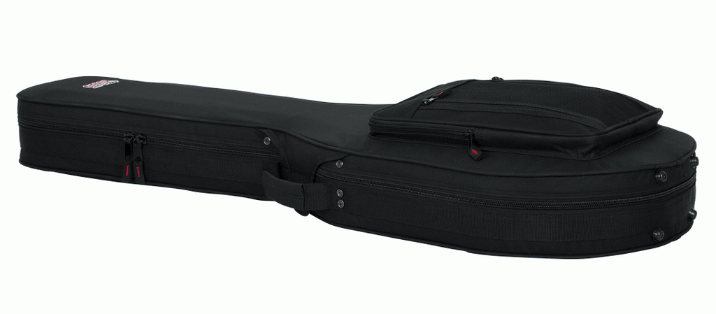 Gator GL-LPS lightweight guitar case closed, showing shoulder strap and storage pockets
