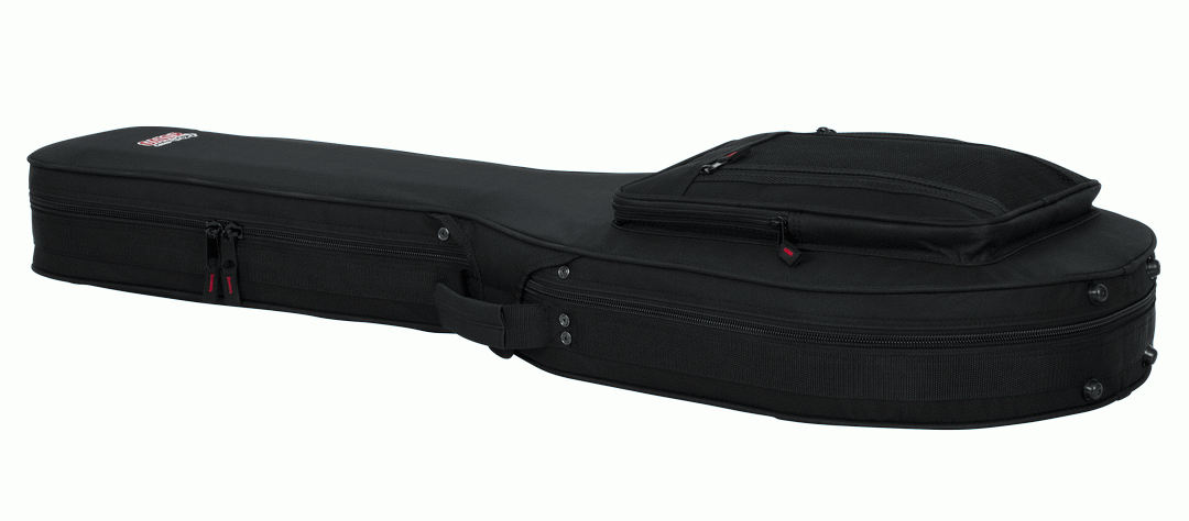 Gator GL-LPS lightweight guitar case closed, showing shoulder strap and storage pockets