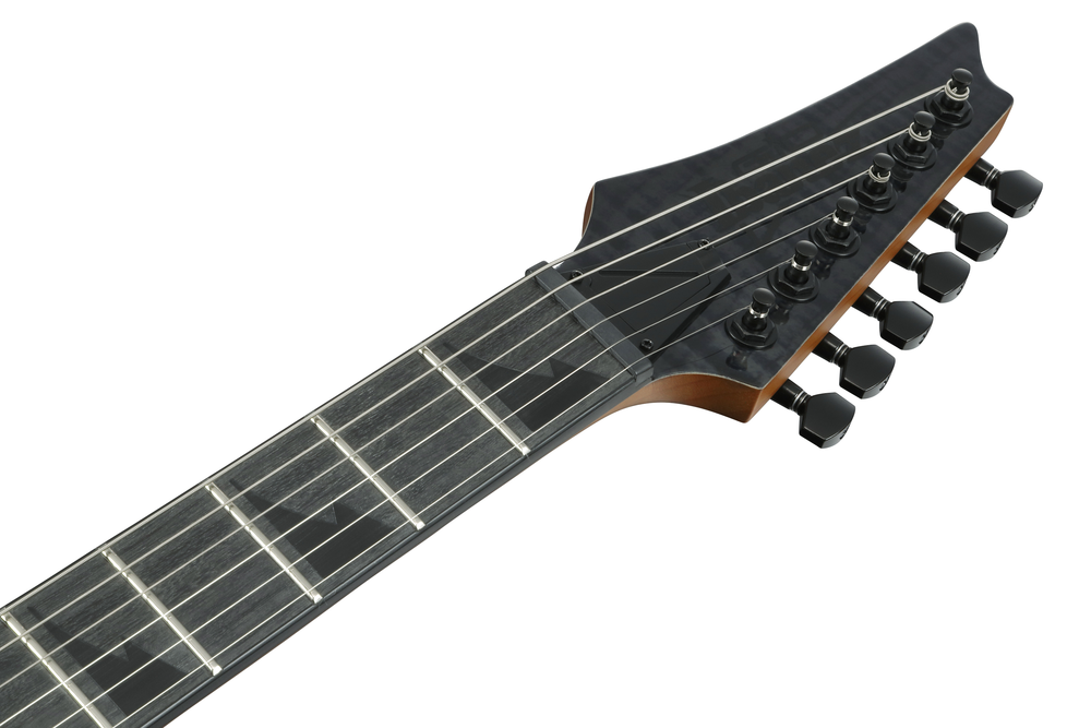 Ibanez GRGR221FA-TDK Transparent Indigo Black - reverse headstock and bound purpleheart fretboard detail
