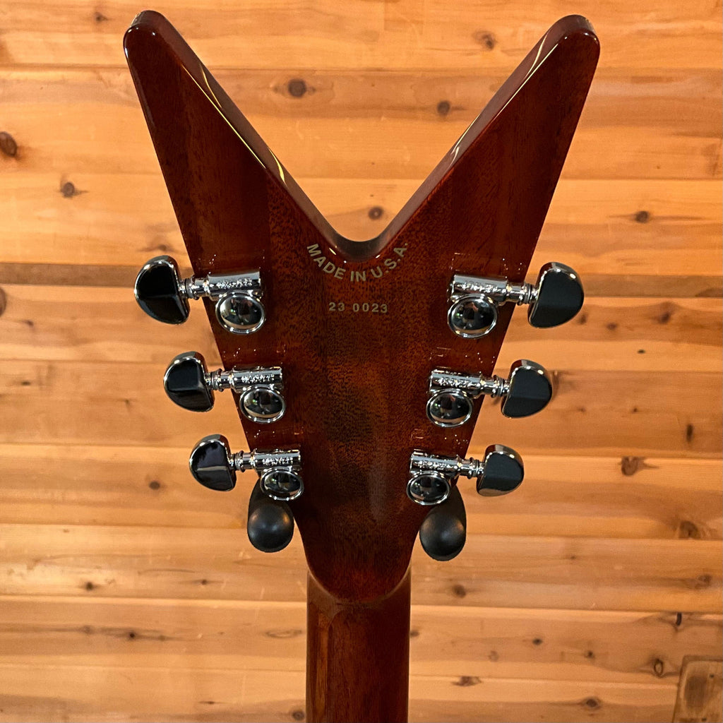 Dean USA ML Slime headstock rear - MADE IN U.S.A. stamp and serial number on natural mahogany