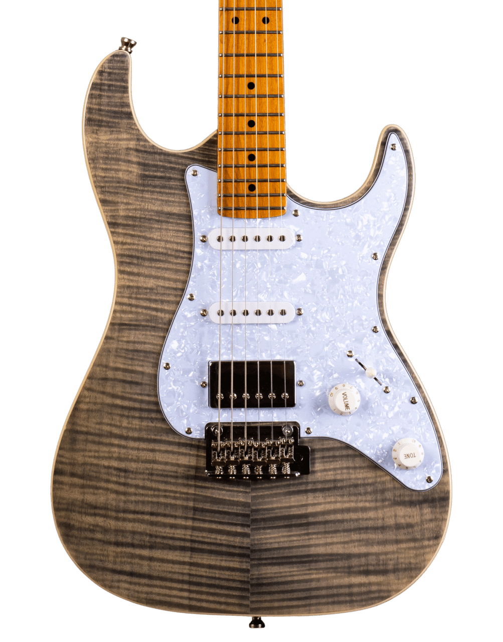 JET GUITARS JS-450 FLAMED MAPLE TOP ELECTRIC GUITAR HSS ROASTED MN TRANSPARENT BLACK