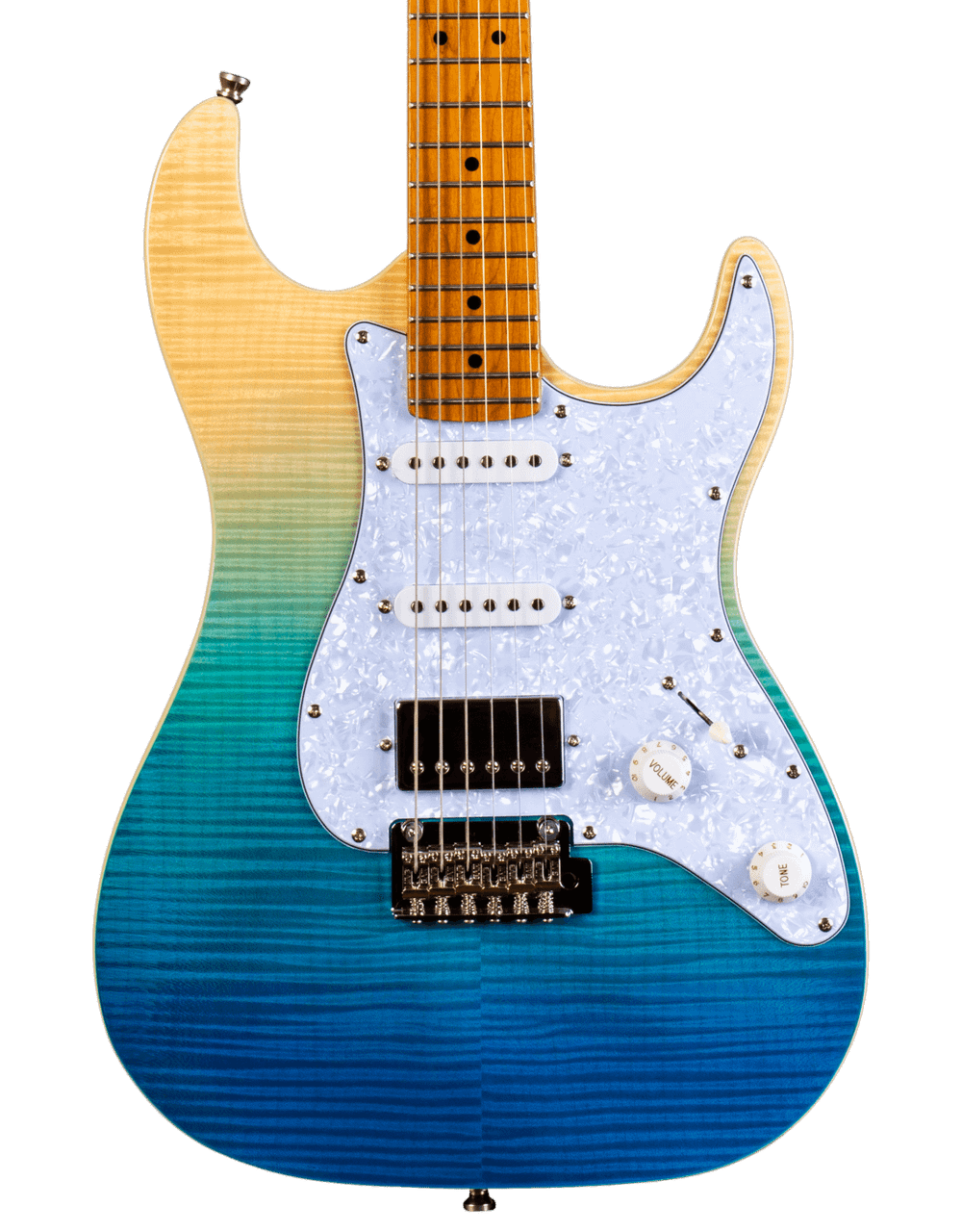 JET GUITARS JS-450 FLAMED MAPLE TOP ELECTRIC GUITAR HSS ROASTED MN TRANSPARENT BLUE