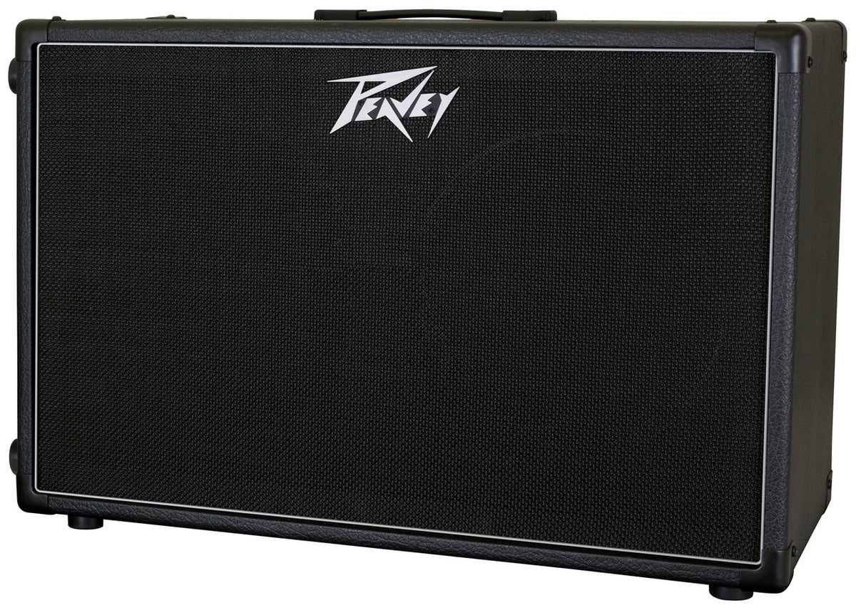 Peavey 212-6 2x12 cabinet, angled view from the left showing black tolex covering
