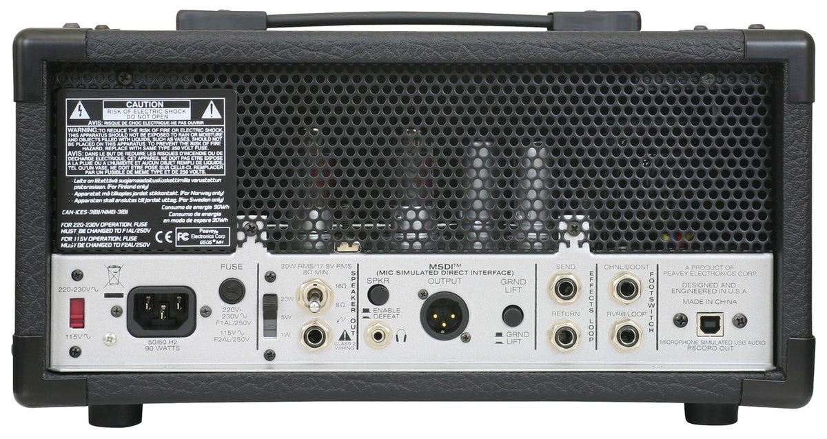 Rear panel of the Peavey 6505MH showing the 20/5/1 watt attenuator, MSDI XLR output and USB record out