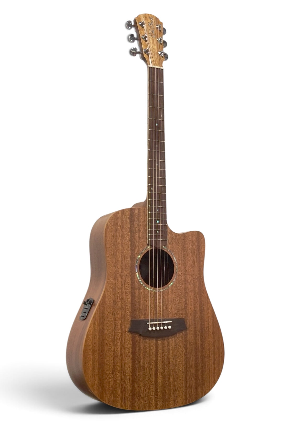 Cole Clark CCSFL1EC-MMAH mahogany cutaway dreadnought, angled front view