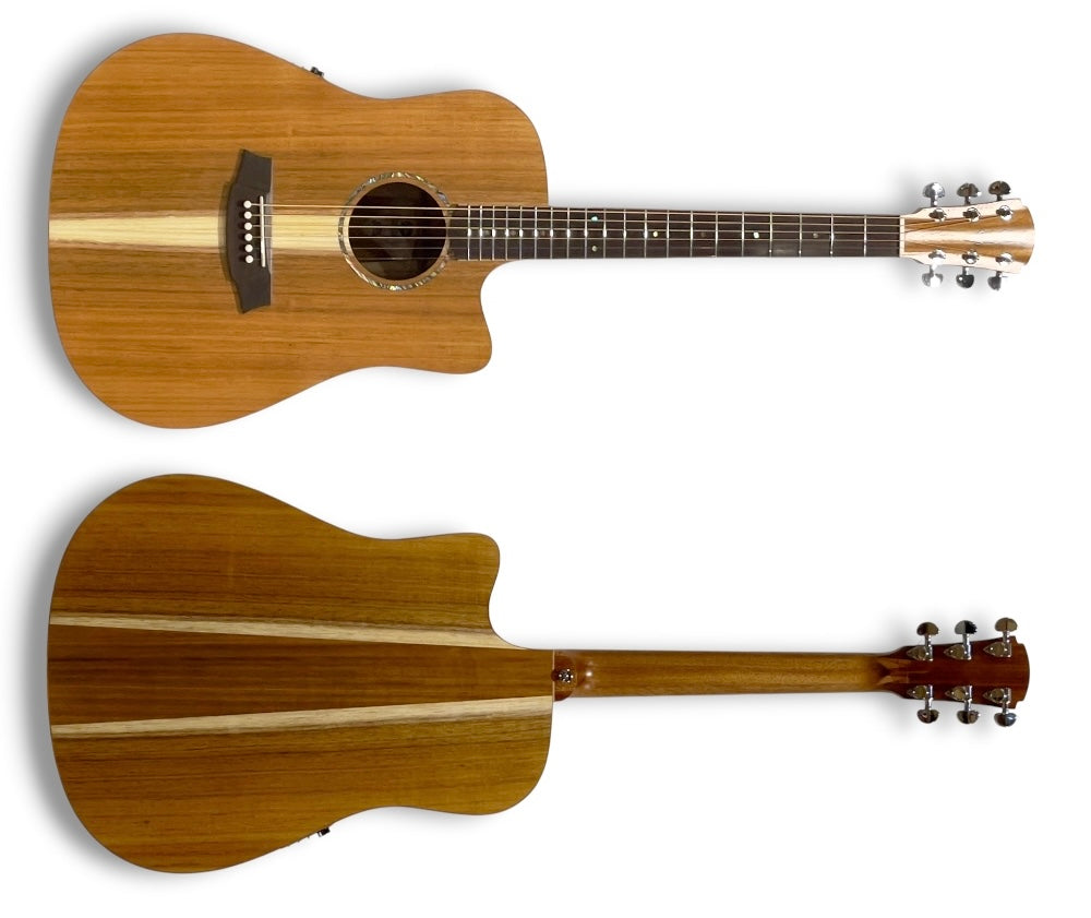 Cole Clark CCSFL1EC-BLBL all-blackwood Studio dreadnought, front and back views