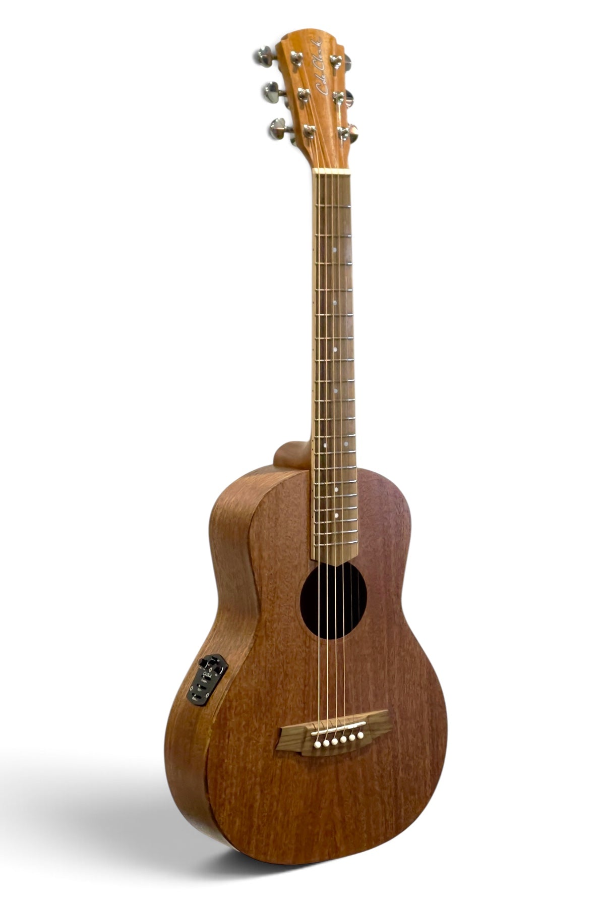 Cole Clark CCSPM1E-MMAH all-mahogany Parlour Mini guitar, angled front view