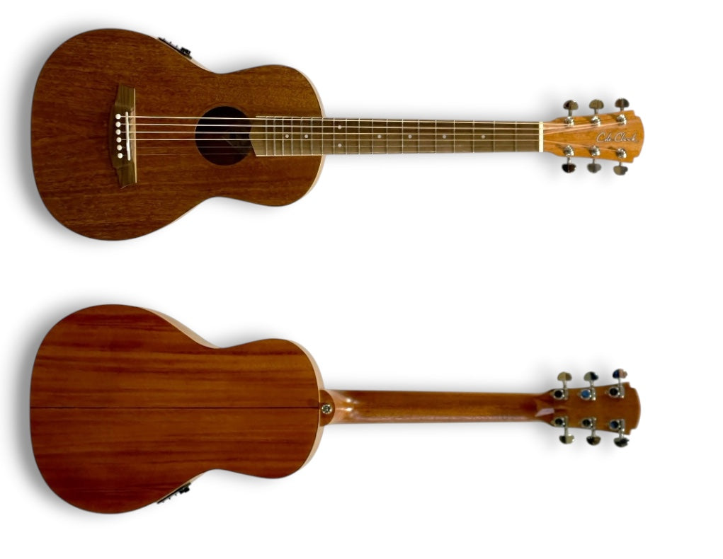Cole Clark CCSPM1E-MMAH Parlour Mini guitar, front and back views