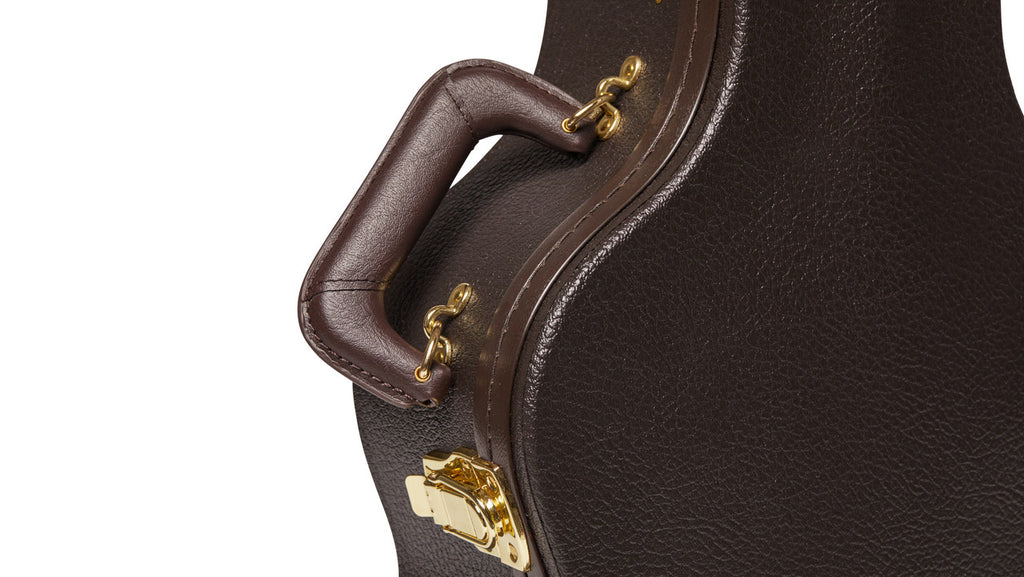 Padded brown handle and brass-plated latch detail on the textured vinyl exterior