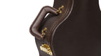 Padded brown handle and brass-plated latch detail on the textured vinyl exterior