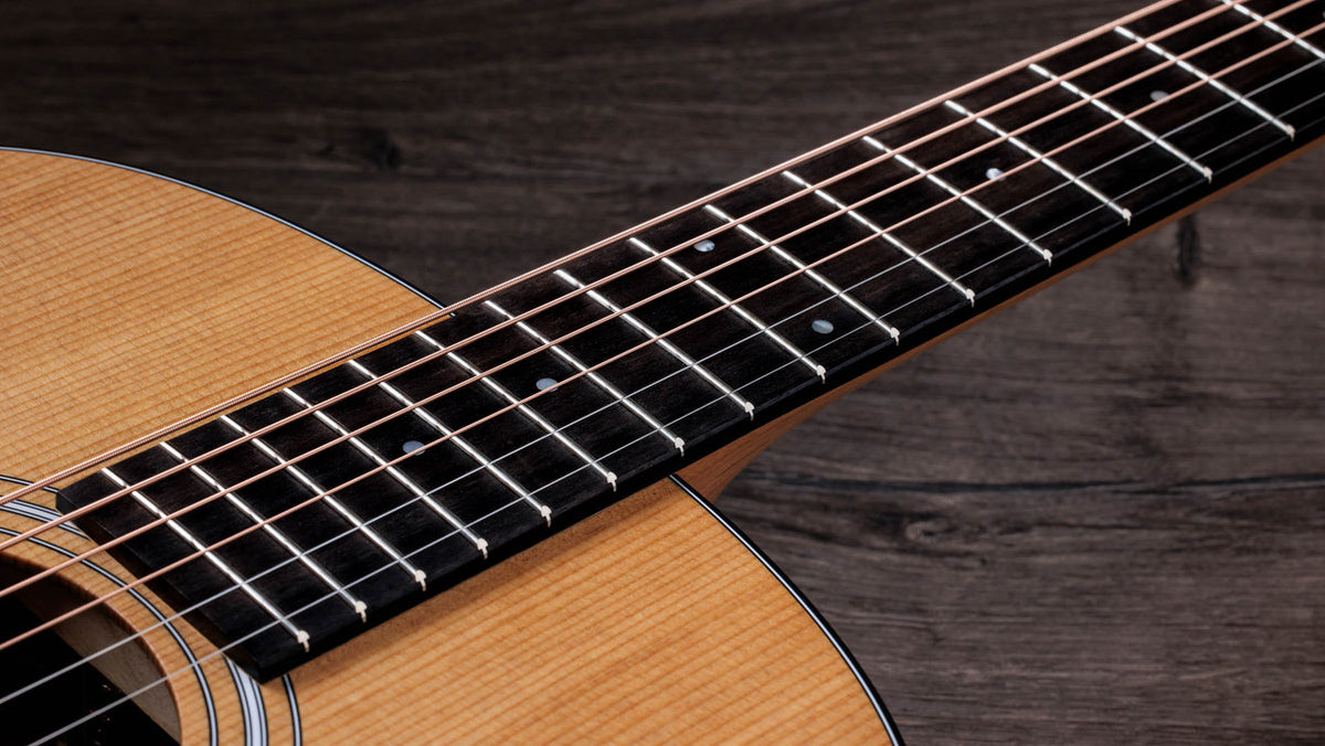 Fingerboard with dot inlays across the Taylor 117e's six strings