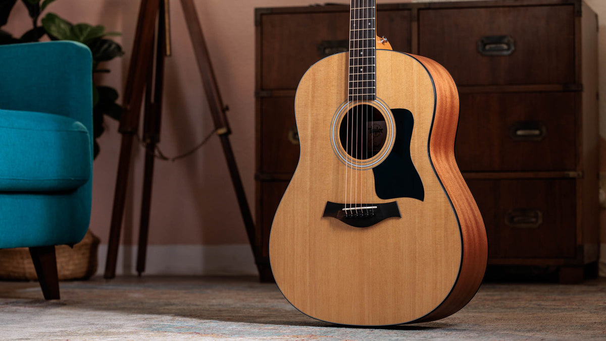 Taylor 117e round-shoulder dreadnought standing upright showing the full front