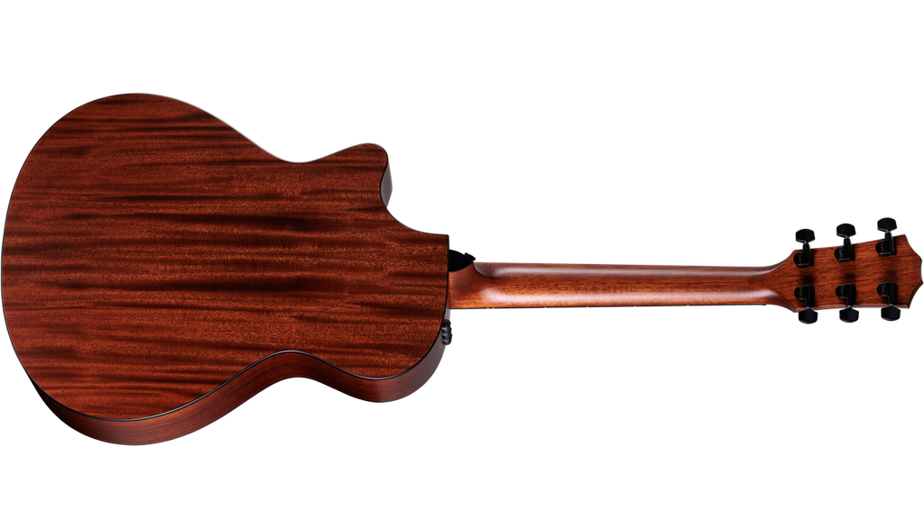 Full back view of the Taylor 322ce showing two-piece mahogany back and satin neck