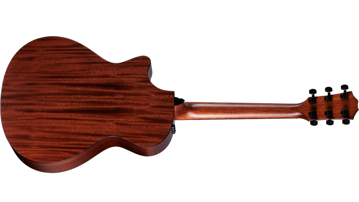 Full back view of the Taylor 322ce showing two-piece mahogany back and satin neck
