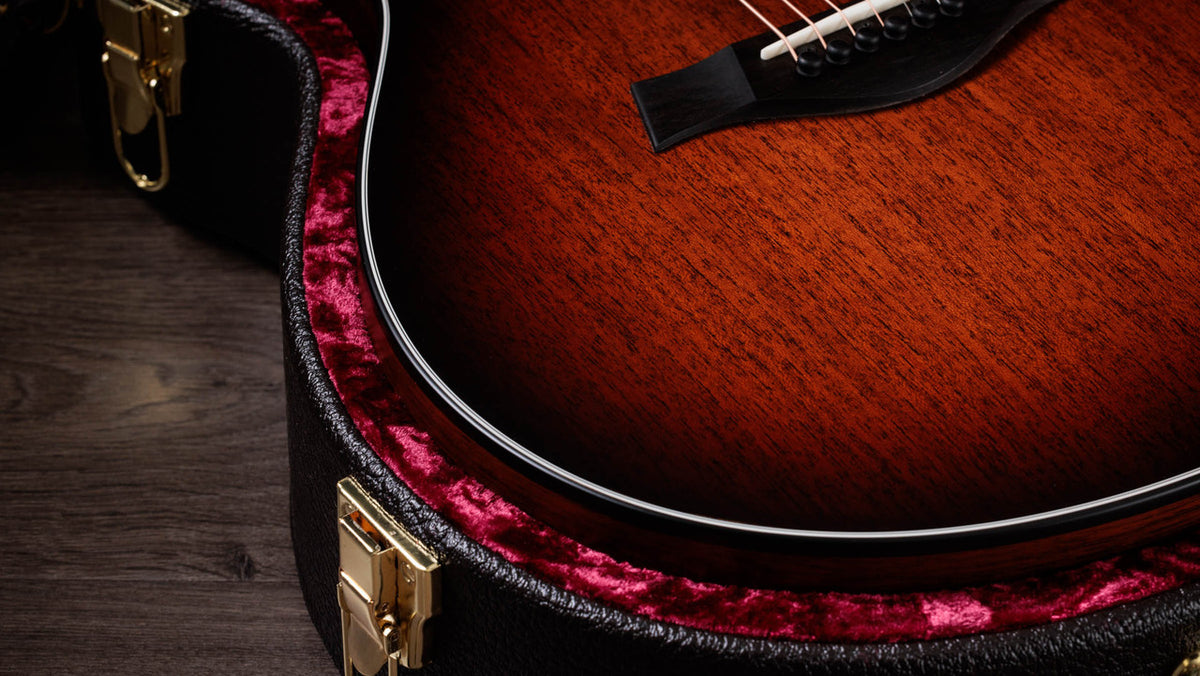 Crelicam ebony bridge and Micarta saddle, guitar resting in the included hardshell case