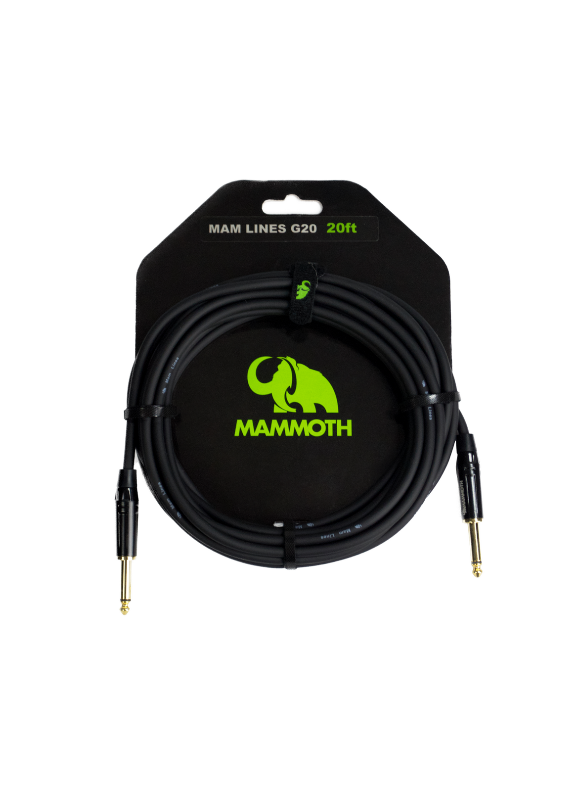 Mammoth MAM Lines G20 20ft cable in labelled packaging with straight mono jack to straight mono jack connectors
