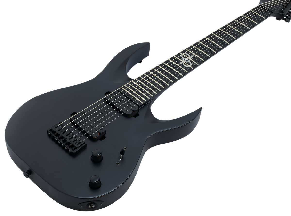 Solar A2.7C 7-String Electric Guitar – Carbon Black Matte — angled body view