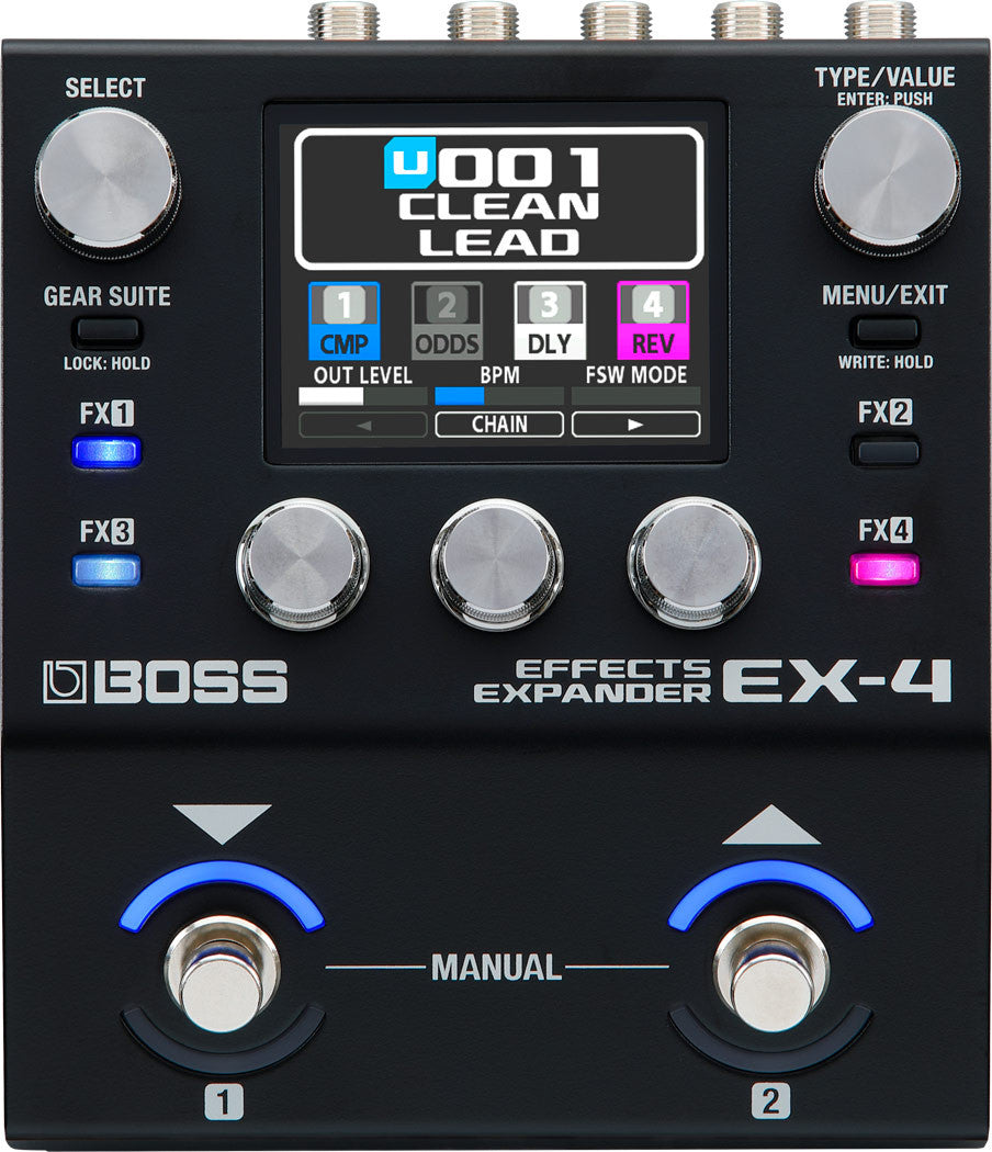 BOSS EX-4 Effects Expander top view with 2.4-inch colour screen, FX1 to FX4 buttons and two LED-ringed footswitches
