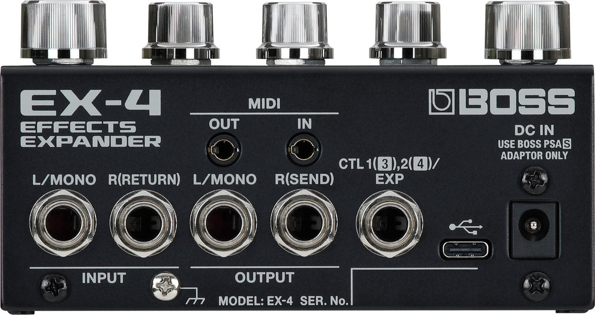 BOSS EX-4 rear panel with stereo inputs and outputs, CTL/EXP jack, TRS MIDI in and out, USB-C and DC in