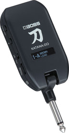 Three-quarter view of the Boss Katana GO (KTNGO2) with the STAGE FEEL and Bluetooth buttons, ON/OFF switch and side volume wheel visible along the edge