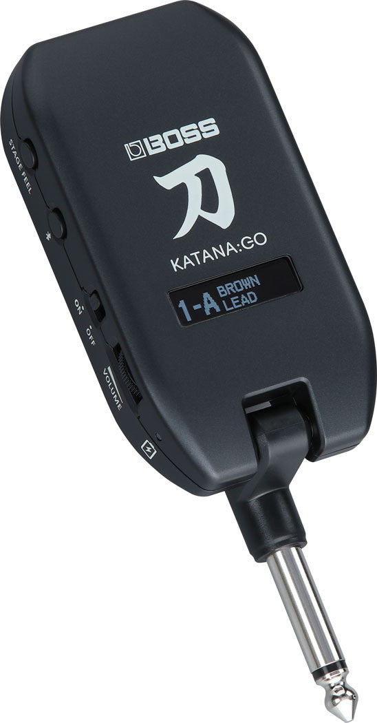 Three-quarter view of the Boss Katana GO (KTNGO2) with the STAGE FEEL and Bluetooth buttons, ON/OFF switch and side volume wheel visible along the edge