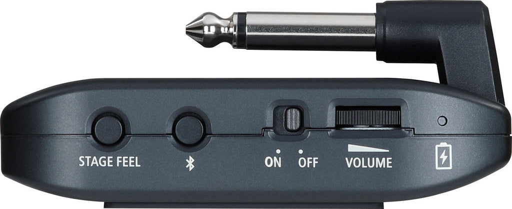 Left edge of the Boss Katana GO (KTNGO2): STAGE FEEL button, Bluetooth button, ON/OFF switch, recessed VOLUME thumb-wheel and the charge indicator