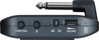 Left edge of the Boss Katana GO (KTNGO2): STAGE FEEL button, Bluetooth button, ON/OFF switch, recessed VOLUME thumb-wheel and the charge indicator