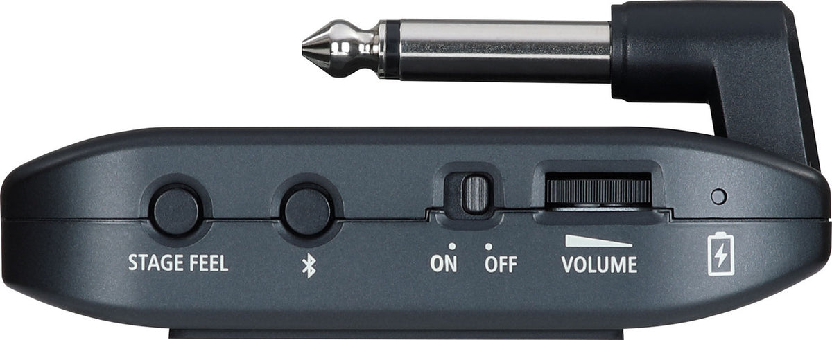 Left edge of the Boss Katana GO (KTNGO2): STAGE FEEL button, Bluetooth button, ON/OFF switch, recessed VOLUME thumb-wheel and the charge indicator