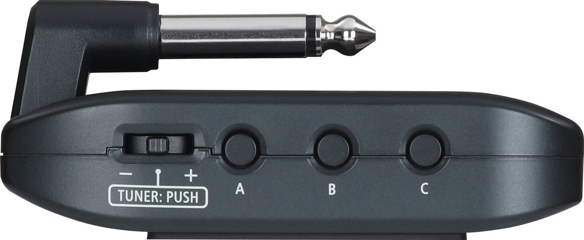 Right edge of the Boss Katana GO (KTNGO2) showing the TUNER: PUSH slider and the A, B and C memory buttons