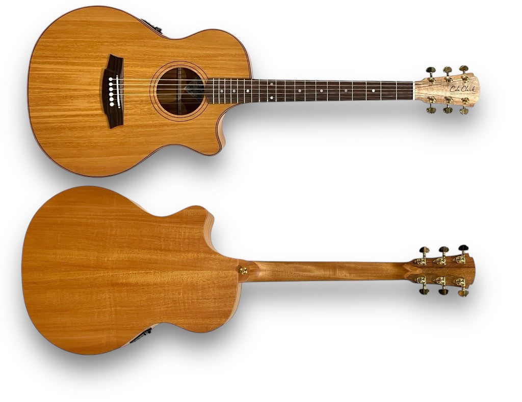 Front and back of the Cole Clark AN2EC-MMAHR showing the solid Honduran mahogany top, back and sides, Spanish-heel neck and gold Grover tuners