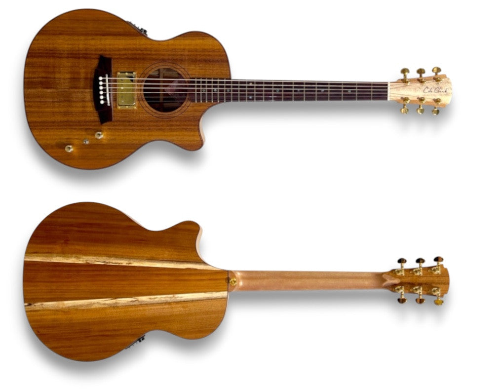 Front and back of the Cole Clark TL2EC-BLBLR-HUM showing the solid blackwood top and back, Queensland maple neck and gold Grover tuners
