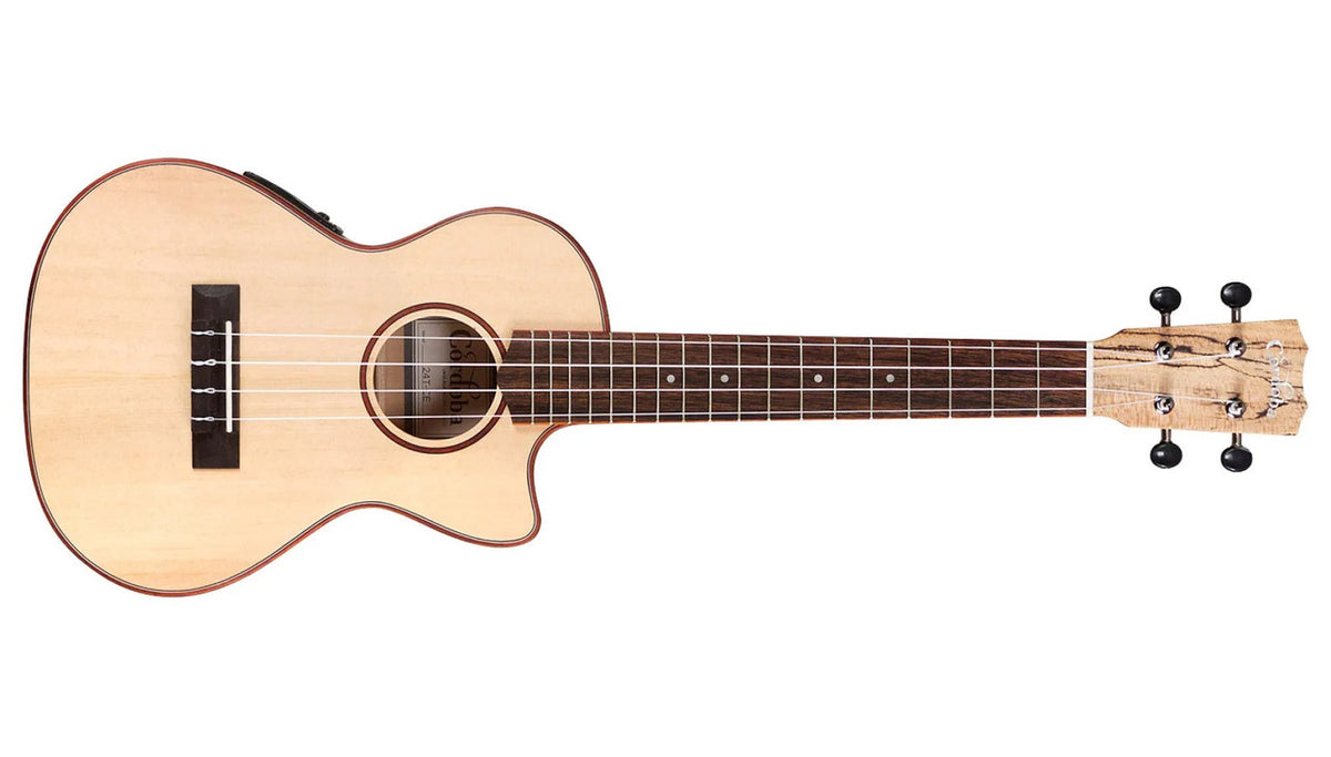 Cordoba 24T-CE tenor ukulele, full front view with solid spruce top, padauk binding and cutaway