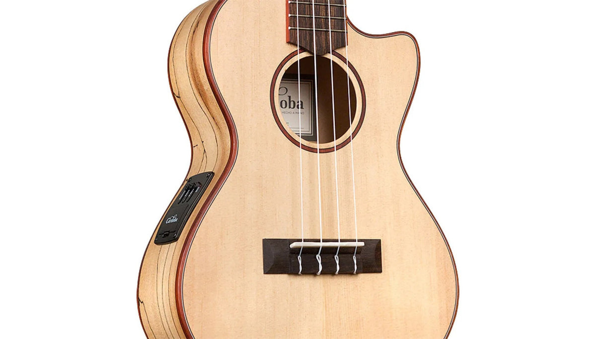 Cordoba 24T-CE body close-up with the side-mounted preamp and spalted maple sides